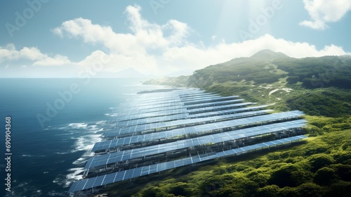 the serene beauty of a solar-powered desalination plant, where renewable energy transforms seawater into a valuable resource, all while reducing emissions. 