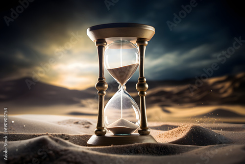 3d image of an hourglass standing in the desert. Sand runs through the hourglass. In the background is a dramatic cloudy sky.