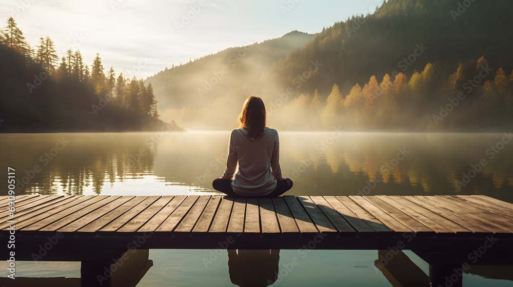 Obraz premium Young woman meditating on a wooden pier on the edge of a lake in a peaceful natural environment, yoga, mindfulness, relaxation, tranquility