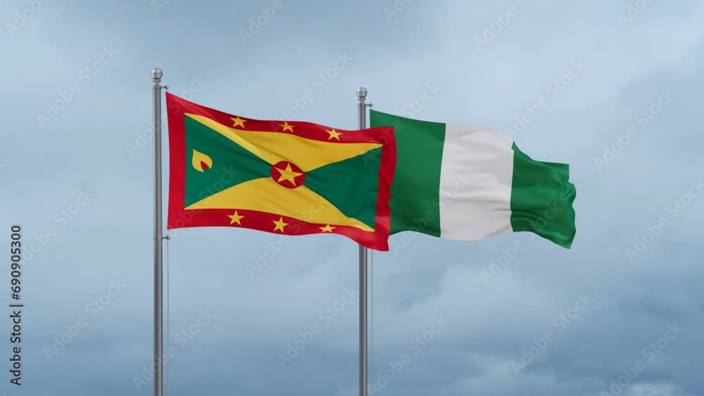 Nigeria flag and Grenada flag waving together on cloudy sky, endless seamless loop, two country relations concept