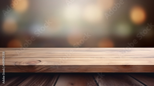 Empty space on pld wooden table can be used for display or mock up for display of product blurred out background. Generative Ai