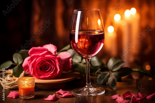 glass of wine and red rose valentines day concept