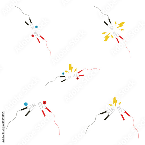 Cartoon jumper cable or jumper lead for car. Plus and minus poles. Empty battery and charge the cars. Battery jumper power cables. Jump start vehicle cable.