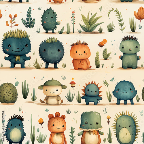 Cute Monsters seamless pattern illustration.