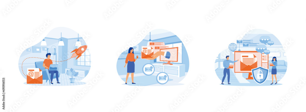 Mail service. Man on browser screen checking mailbox online.Envelope, Social network, chat, spam. flat vector modern illustration 