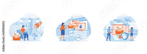 Mail service. Man on browser screen checking mailbox online.Envelope, Social network, chat, spam. flat vector modern illustration 