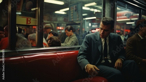 People in subway. New York life in the 1960s. Photorealistic illustration. Streets of New York. 