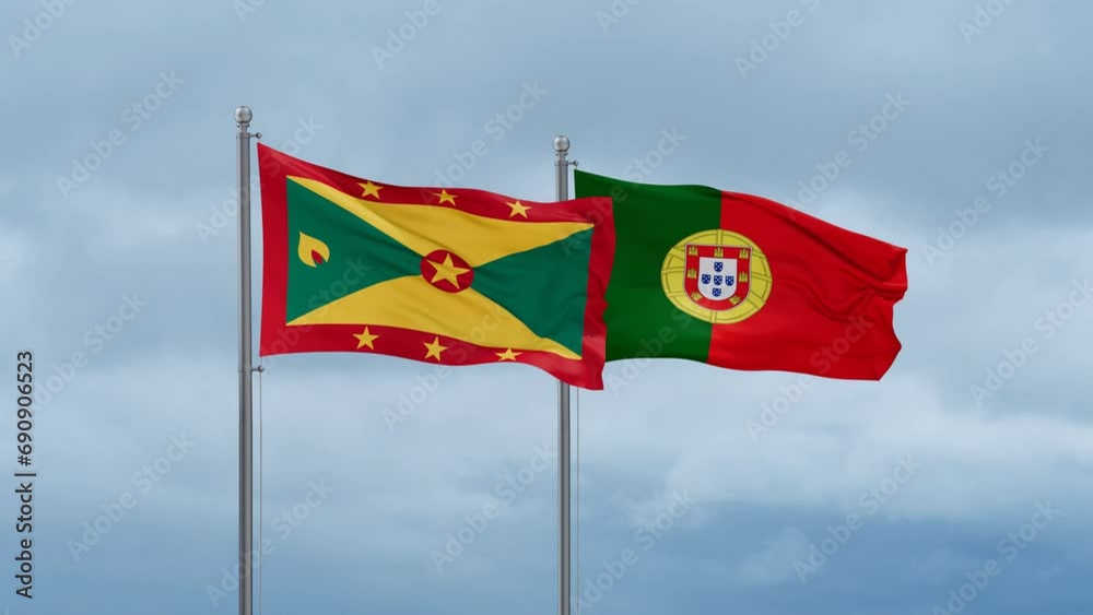 Portugal and Grenada flag waving together on cloudy sky, endless seamless loop, two country cooperation concept Portugal and Grenada flag waving together on cloudy sky, endless seamless loop, two country cooperation concept