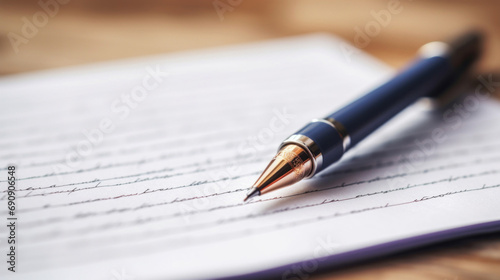 Pen and contract on wooden table, close-up. Business concept