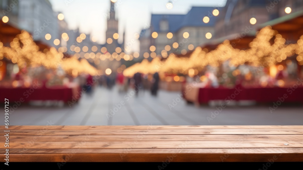 Empty table with blurred christmas or winter market in the background, copy space, 16:9