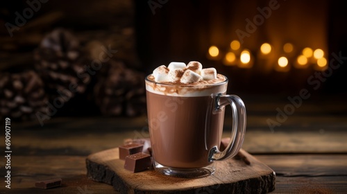 hot chocolate on wood table with copy space, 16:9