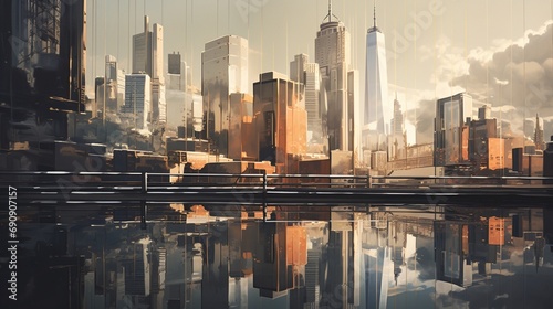 The reflective surface of a titanium sheet mirroring an urban skyline