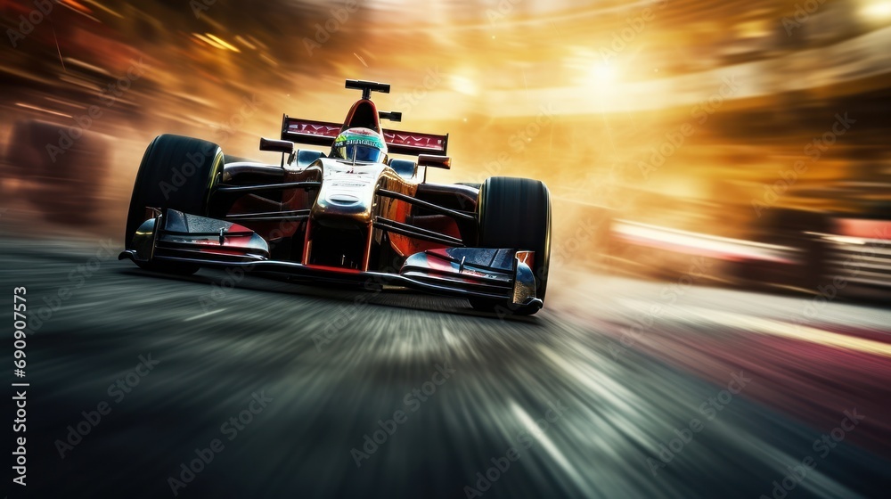 Racing driver passes the finish point and motion blur background. Motion blur background. Blur shows speed of Formula 1 - obrazy, fototapety, plakaty 