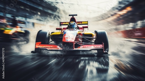 Racing driver passes the finish point and motion blur background. Motion blur background. Blur shows speed of Formula 1 photo