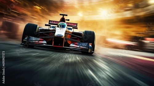 Racing driver passes the finish point and motion blur background. Motion blur background. Blur shows speed of Formula 1 photo