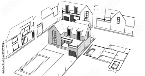  house architectural project sketch 3d illustration