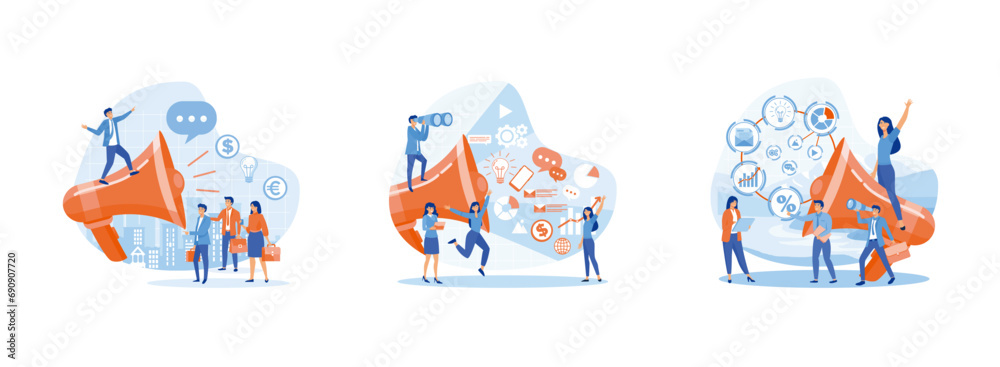Concept of advertisement, marketing, promotion, call through the horn, online alerting Communication announcement by flat megaphone. Business promotion set flat vector modern illustration - obrazy, fototapety, plakaty 