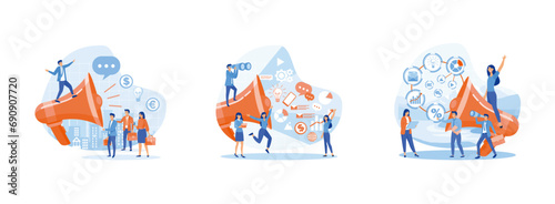 Concept of advertisement, marketing, promotion, call through the horn, online alerting Communication announcement by flat megaphone. Business promotion set flat vector modern illustration