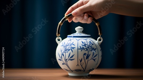 A porcelain teapot with a bamboo handle, creating a vintage vibe.