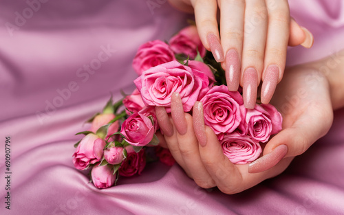 Female hands with pink nail design  hold pink roses