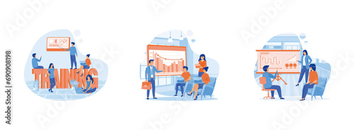 people attending the professional training with skilled instructor  Concept of staff training  meeting  business  teamwork  Staff training web banner or landing page. Business training set flat vector