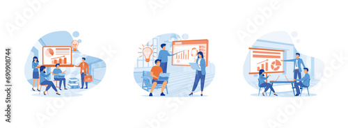 Business people teamwork in office illustration, Businesswoman speaking, presenting graphs on board presentation, Business meeting team conference in office room. Business training set flat vector mod