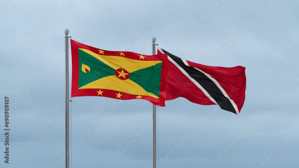 Trinidad and Tobago and Grenada flag waving together on cloudy sky, endless seamless loop, two country cooperation concept Trinidad and Tobago and Grenada flag waving together on cloudy sky, endless seamless loop, two country cooperation concept