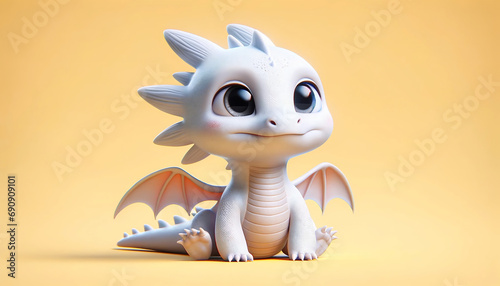 Super cute white baby dragon. Cartoon fluffy dragon character. Funny Fantasy monster. Isolated on a plain yellow background. Children's books, fairy-tale hero. AI illustration for children. Copy space