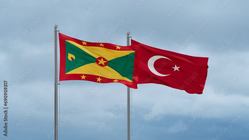Republic of Turkey and Grenada flag waving together on cloudy sky, endless seamless loop, two country cooperation concept