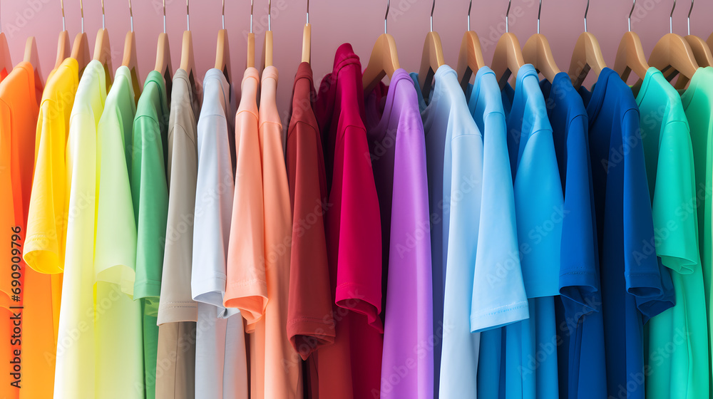 Group of colorful shirts on swingers, clothes hanging in row. Fashion clothes, colorful shirts displayed in shop at shopping mall. Commerce, clothing brand.