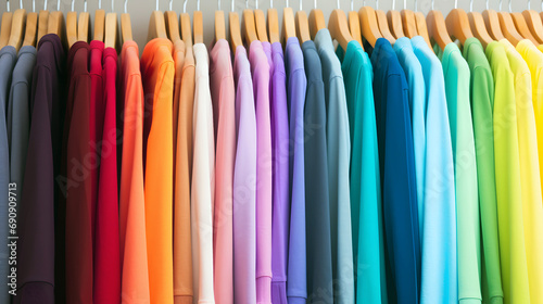 Many fresh new fabric cotton t-shirts in colorful rainbow colors isolated. Pile of various colored shirts white background