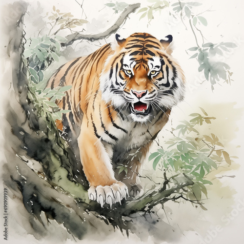 Tigers on a tree  water colour   ai generated