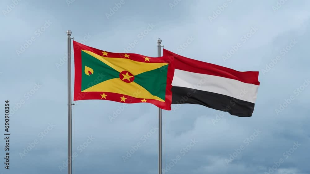 Yemen and Grenada flag waving together on cloudy sky, endless seamless loop, two country cooperation concept Yemen and Grenada flag waving together on cloudy sky, endless seamless loop, two country cooperation concept