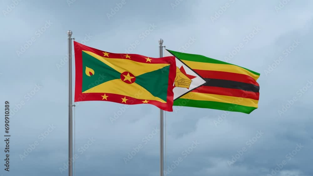 Zimbabwe and Grenada flag waving together on cloudy sky, endless seamless loop, two country cooperation concept