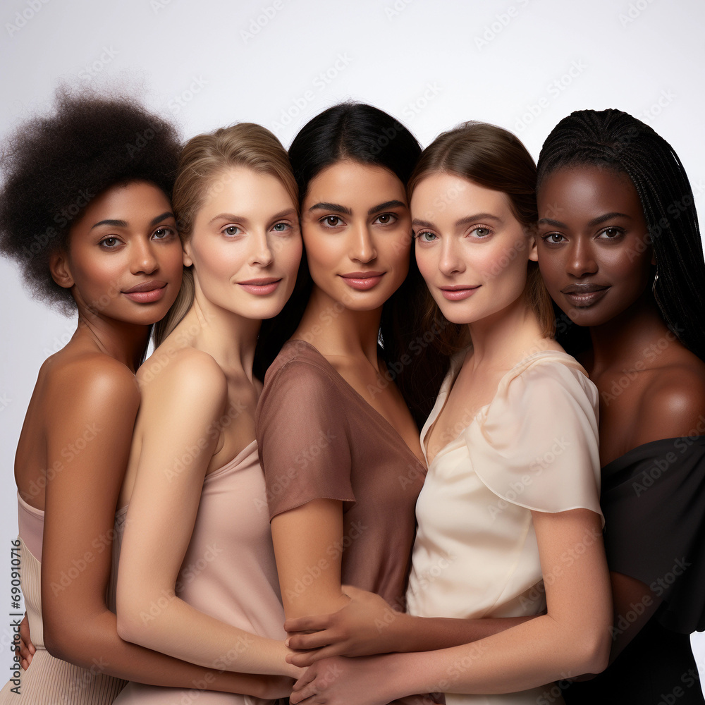 Five women with different skin tones represent diversity and ethnicity. Banner for advertising beauty diversity Five women with different skin tones represent diversity and ethnicity. Banner for advertising beauty diversity