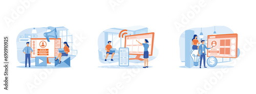 Marketing technique for client retention. Adaptive content presentation on different web pages. Employee loyalty online service. Online service set flat vector modern illustration