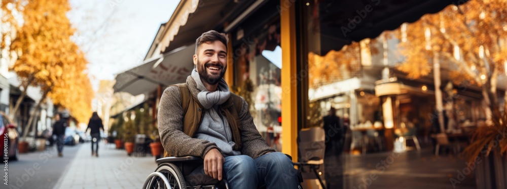 Happy wheelchair tourist in autumn city