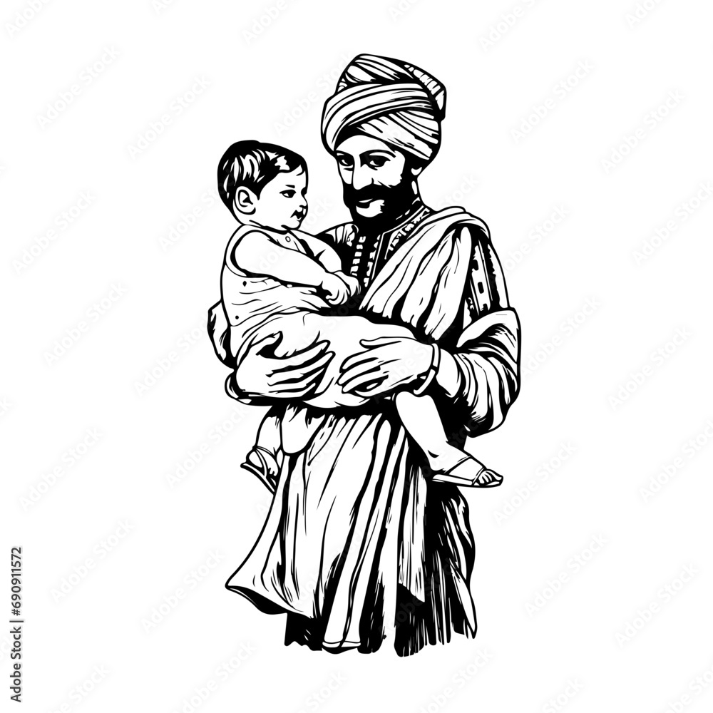 Hand drawn Indian Father with Male Child outline