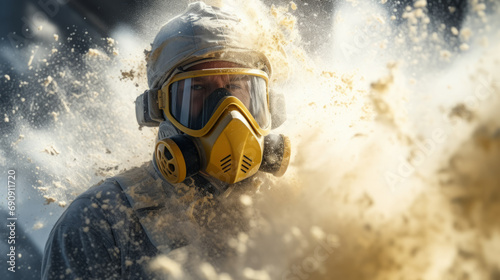 Professional construction worker wearing a high-grade dust mask, surrounded by lot of floating particles of glass wool dust in a construction site