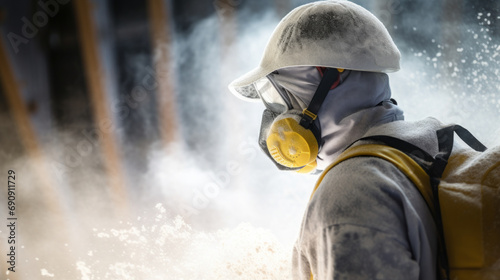 Professional construction worker wearing a high-grade dust mask, surrounded by lot of floating particles of glass wool dust in a construction site photo