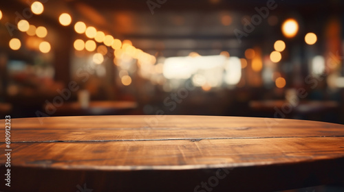 木製の丸テーブルとパブまたはバーのぼかし背景GenerativeAI photo