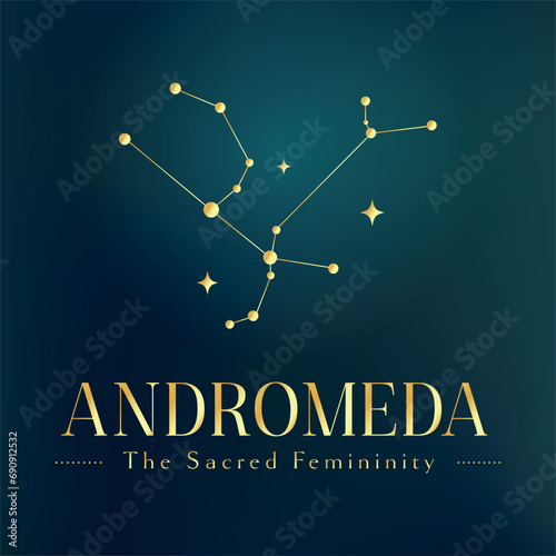 Andromeda. Stellar Star Logo Concept Gold. Constellation with Text. Golden.
