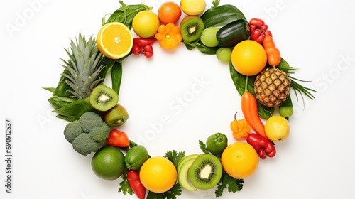 vegetable wreath decorated with tropical fruits and vegetables isolated on white background 