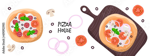 Pizza House banner. Serving pizza and ingredients tomato, onion, mushroom, mozzarella, basil. Pizza cartoon flat vector illustration. Traditional italian dish. Colorful Restaurant Nutrition page