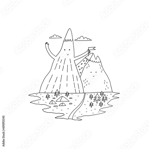 Minimal line art cute mountain sticking a flag into a neighboring mountain. Hand Drawn Vector illustration