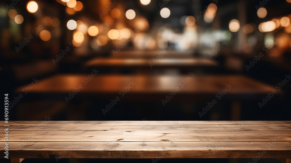 Empty wooden table space platform and blurred resturant or coffee shop background for product display montage. Generative Ai Empty wooden table space platform and blurred resturant or coffee shop background for product display montage. Generative Ai