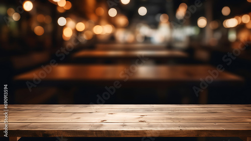 Empty wooden table space platform and blurred resturant or coffee shop background for product display montage. Generative Ai