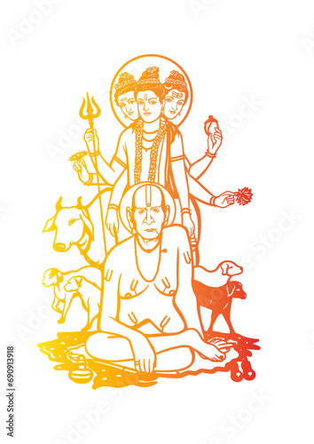 vector sketch of God Shri Dattatreya and Swami Samartha Maharaj with dogs and cow in the background