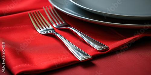 Silver vintage cutlery on a red satin textile napkin. Creative composition of elite cutlery - two forks. © dinastya