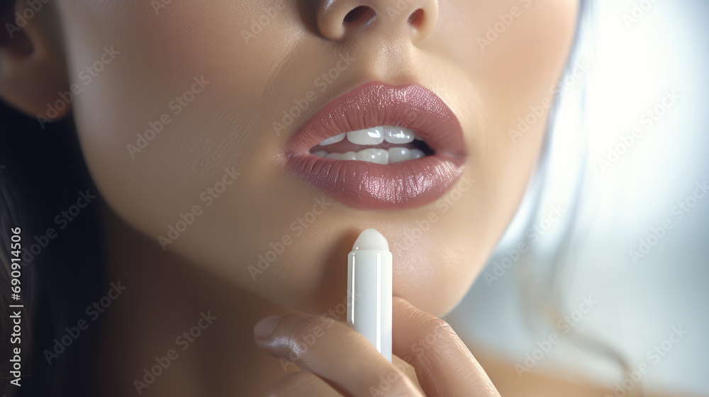 Woman applies moisturizing balm to her nude lips to hydrate and protect them from chapping in cold weather. Hygienic lipstick stick for lips. - obrazy, fototapety, plakaty 